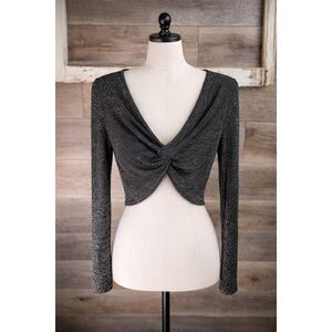 Forever 21 Black Colorful Sparkle Metallic Twist Front Crop Top Long Sleeve Sz L